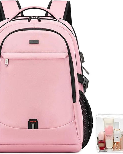 DUSLANG 17 Inch Laptop Backpack for Travel Water Resistant College Backpack for Women Laptop Bag with USB Charging Port and Clear Toiletry Bag Work Backpack,Pink A