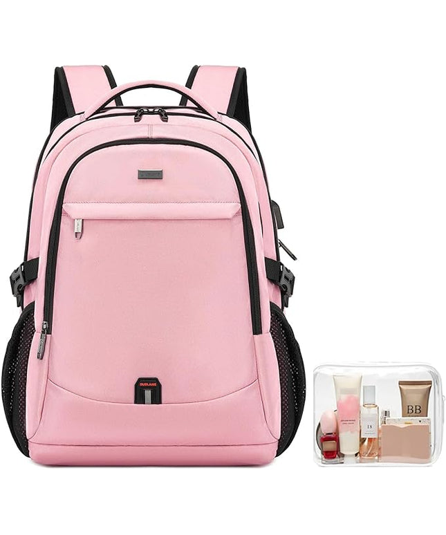 DUSLANG 17 Inch Laptop Backpack for Travel Water Resistant College Backpack for Women Laptop Bag with USB Charging Port and Clear Toiletry Bag Work Backpack,Pink A