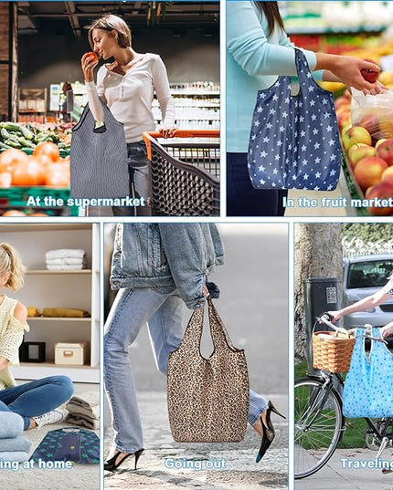 6 Pcs Foldable Reusable Shopping Bags,Tote Bags, Grocery Bags with Hook, Eco-friendly Travel Recycle Shopping Bags in Pocket, Waterproof and Machine Washable for Daily Shopping Supplies
