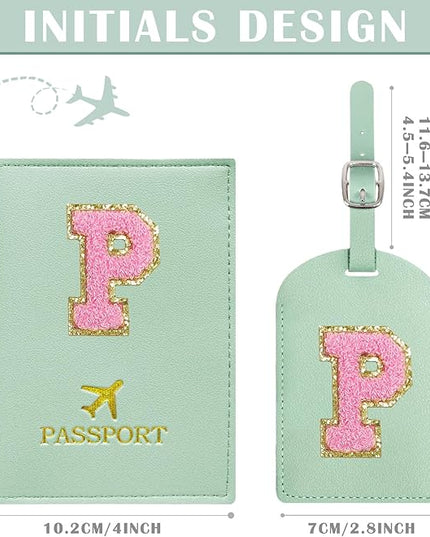COSHAYSOO Initial Passport Cover Luggage Tag Set Letter Passport Holder Airplane Cruise Travel Essentials Vacation Traveling Accessories Personalized Gifts for Women Teen College Girls Teal P