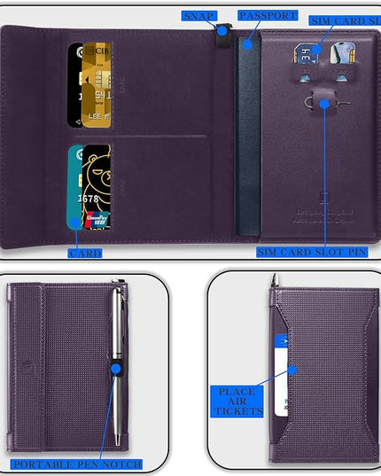 Passport Holder for Travel Essentials, RFID Blocking PU Leather Passport Wallet Cover Card holder Case Passport Book Holders for Women and Men, Dark Purple
