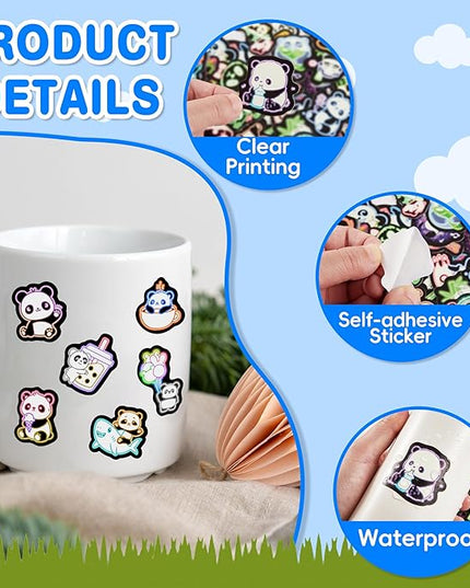 Neon Panda Water Bottle Stickers for Kids, 75 Pcs Cartoon Animal Vinyl Laptop Decals, Teens Girls Boys Adults Phone Case Skateboard Luggage Decor