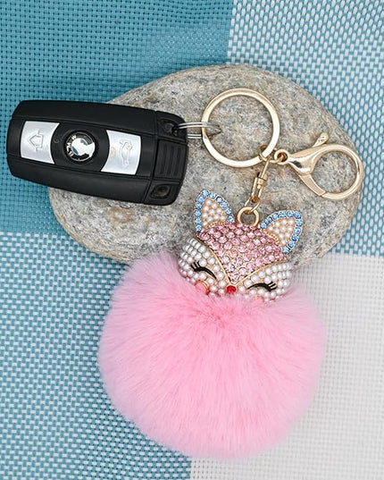 Faux Rabbit Fur Ball Pom Pom Keychain with Fox Head Studded with pearl Rhinestone for Womens Bag Car Key Decoration