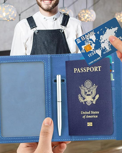 ACdream Passport and Vaccine Card Holder Combo, Cover Case with CDC Vaccination Card Slot, Leather Travel Documents Organizer Protector, with RFID Blocking, for Women and Men, C - Light Blue,