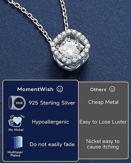 MomentWish Floating Necklace for Women, 0.5/1 Carat Dancing Moissanite Necklace for Her 925 Sterling Silver Pendant Anniversary Birthday Christmas Gift for Wife Mom Girlfriend