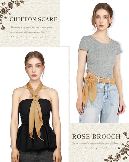 Chiffon Scarf for Women, Removable Flower Neck Scarf Light Soft Fashion Rose Scarves Versatile Headband or Hair Band