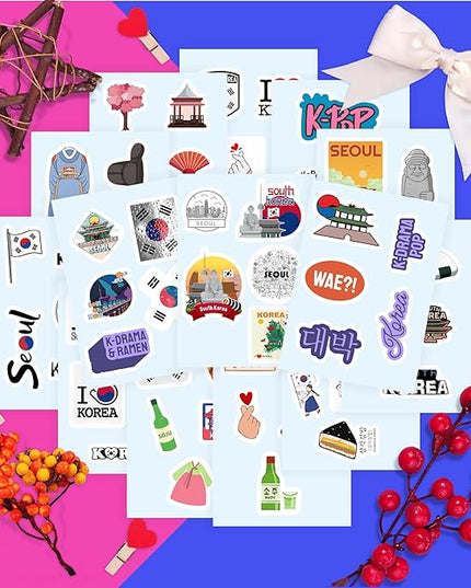 BulbaCraft South Korea Stickers, Korean Stickers for Water Bottle & Laptop - South Korea Party Supplies & Decorations, Waterproof Vinyl Decals, Gifts for Women & Men