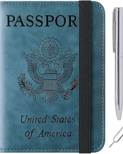 Passport Holder Cover Wallet Travel Essentials Leather Rfid Blocking Case Vacation Luggage Must Haves Travel Accessories for Men Women (116#Blue)