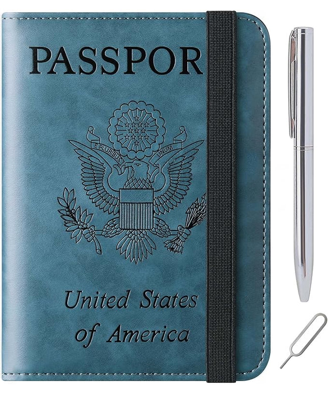 Passport Holder Cover Wallet Travel Essentials Leather Rfid Blocking Case Vacation Luggage Must Haves Travel Accessories for Men Women (116#Blue)