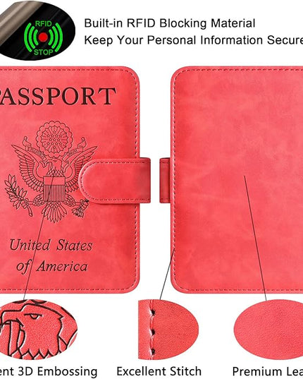 Passport Holder Cover Wallet Travel Essentials Leather Rfid Blocking Case Vacation Luggage Must Haves Travel Accessories for Men Women (120#Red)