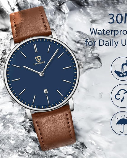 L LAVAREDO Watch for Men, Extremely Thin Mens Watches Minimalist Analog Men's Leather Wrist Watches with Time/Date, Birthday Gift for Men Boyfriend