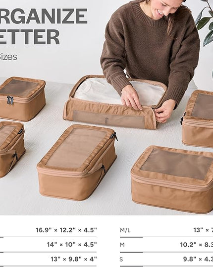 Aerotrunk Compression Packing Cubes for Travel - Luggage Organizer Bags - Double Zipper Packing Cubes for Suitcases (6-Pack, Mocha)