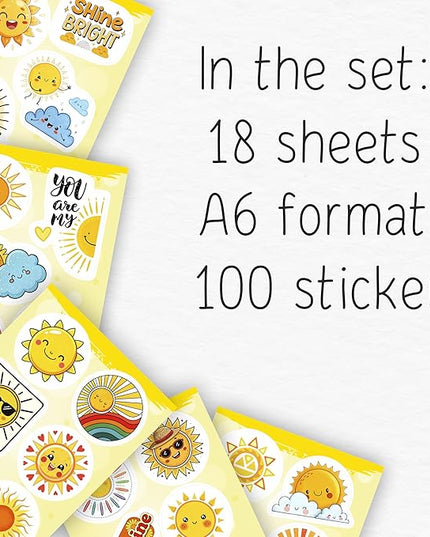 100Pcs Small Sun Stickers and Decals -Sunshine Stickers for Water Bottle - Sun Party Supplies & Decorations - Sunshine Gifts - Gift for Women & Men