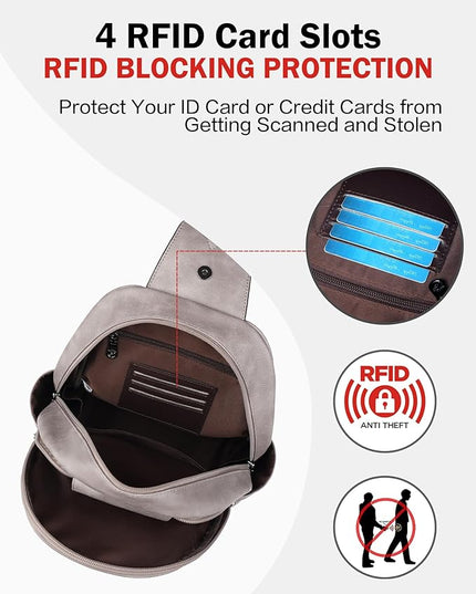 FADEON Large Sling Bag for Women, Leather Crossbody Purse Designer Anti Theft Sling Backpack, RFID Fanny Packs for Travel