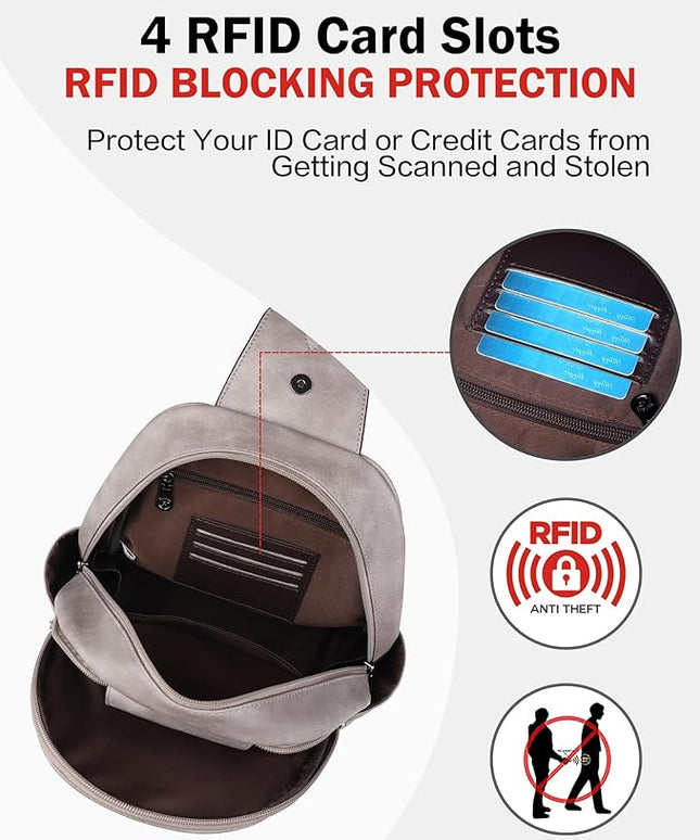 FADEON Large Sling Bag for Women, Leather Crossbody Purse Designer Anti Theft Sling Backpack, RFID Fanny Packs for Travel