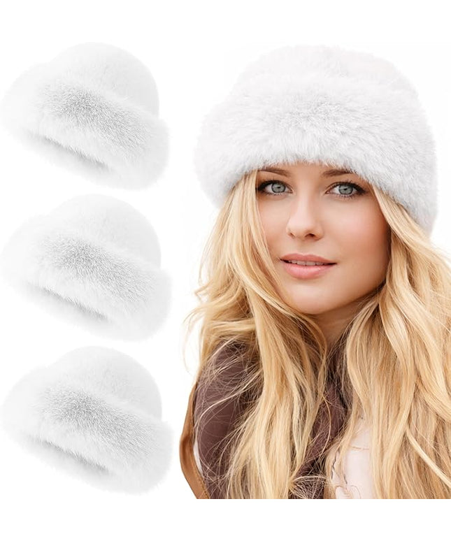 3 Pieces Women’s Faux Fur Bucket Hat Winter Warm Plush Furry Hat – Soft Fluffy Cold Weather Hat for Outdoor Travel