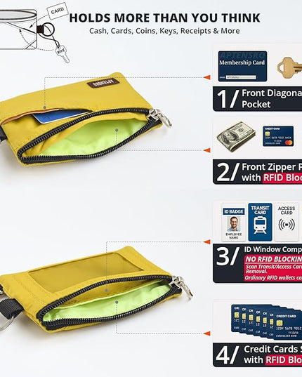 RFID Travel Wallet with Adjustable Lanyard-Zipper Small Wallet with ID Card Holder, Keychain for women&men-Minimalist Slim Waterproof Nylon case for ID, Cash, Key (Dark Yellow)