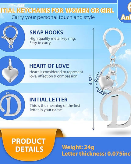 A-Z Heart Initial Letter Keychain, Stainless Steel Alphabet Charm for Handbags, Gift for Women and Girls