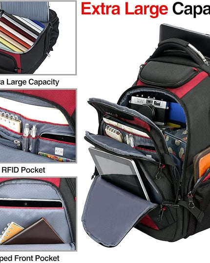 KROSER Travel Laptop Backpack 17.3 Inch XL Computer Backpack with Hard Shell Saferoom RFID Pockets Water-Repellent Business College Daypack Stylish Bag for Men/Women-Black Red