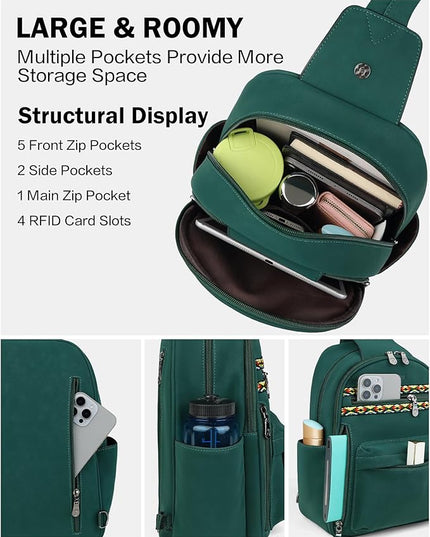 FADEON Large Sling Bag for Women, Leather Crossbody Purse Designer Anti Theft Sling Backpack, RFID Fanny Packs for Travel