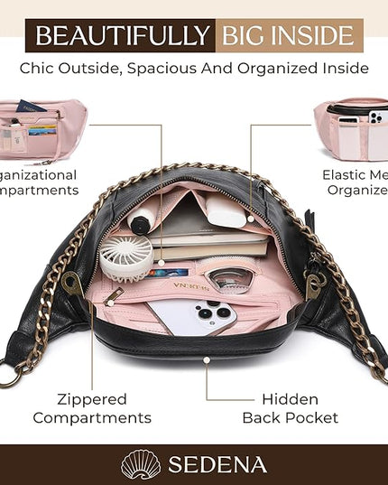 Anti Pickpocket Crossbody Bag – Large Vegan Black Leather Sling Bag with RFID & Glasses Pockets, Anti Theft Design, Multiple Compartments, Chain Detail Travel Crossbody Bag for Women