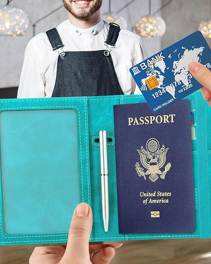 ACdream Passport and Vaccine Card Holder Combo, Cover Case with CDC Vaccination Card Slot, Leather Travel Documents Organizer Protector, with RFID Blocking, for Women and Men, C - Sky Blue, Fashion