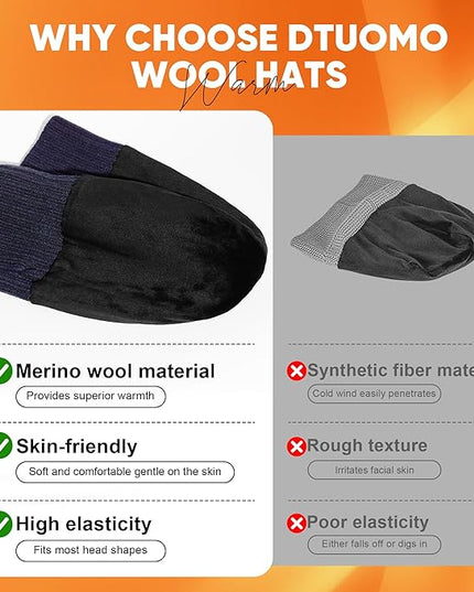Merino Wool Beanie Hat for Men Women - Thermal Knitted Winter Hat for Large Heads Hiking Running Cap Wrap for Cold Weather