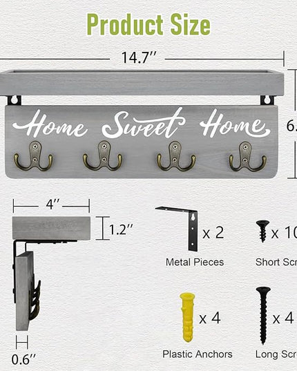 buways Key Holder Wall Mount with 4 Double Hooks-Solid Wood Wall-Mounted Organizer for Keys&Mail Rustic Key Rack Hanger Holder Home Decor for Entryway Living Room (Gray)