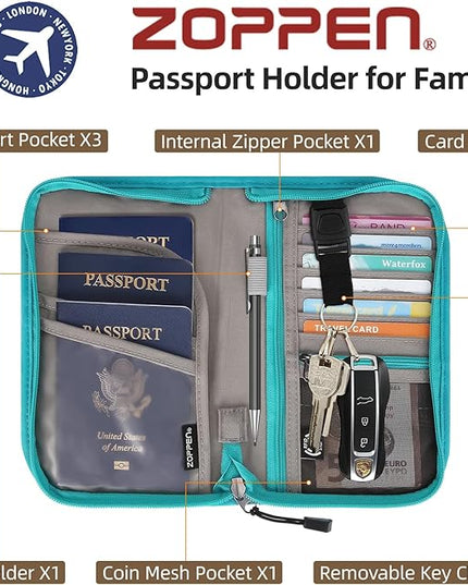 ZOPPEN Passport Holder Family RFID Passport Wallet, Passport Holder Women/Men, Travel Wallet Documents Organizer Zipper Case with Removable Wristlet Strap, Travel Essentials for Flying