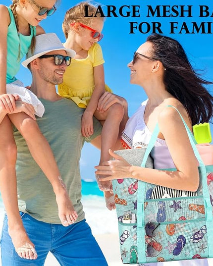 Mesh Beach Bag, Large Beach Tote with Zipper Pocket, Toys Pool Bag for Family Travel Vacation Cruise Essentials