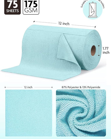 Fantasticlean Microfiber Cleaning Cloth Roll -75 Pack, Tear Away Microfiber Towels, 12" x 12", Reusable, Washable, Scratch Free, Ultra Absorbent Dishcloth for All-Around Cleaning Supplies (Blue)