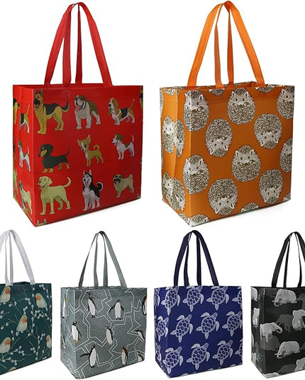 BeeGreen Animal Reusable Grocery Bags - W13*H13*D7 6 Packs Lightweight Shopping Totes with Long Handles, Water Resistant,Durable and Portable - Perfect for Groceries, Supermarket, Gifts, and More