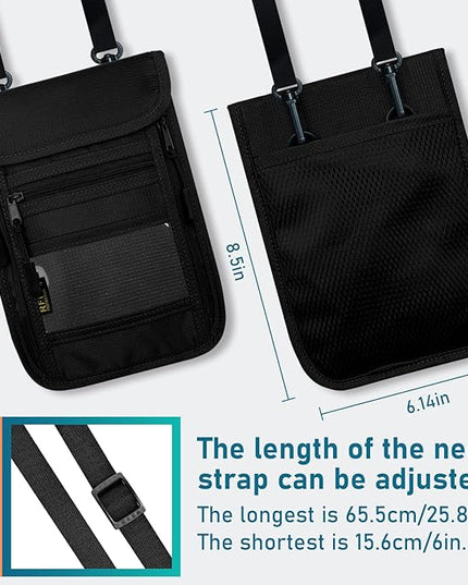 sundee Travel Neck Wallet with Double Zippers, RFID Blocking Passport Holder with Adjustable Neck Strap for Men and Women to Keep Cash, Credit Cards and Travel Documents Safe - Black