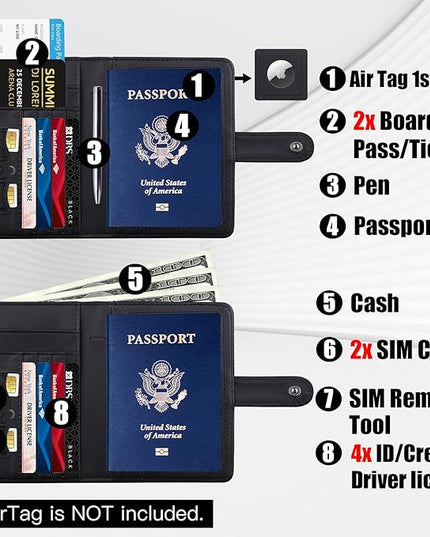 GOAUS Passport Holder for Travel with AirTag Slot Cards Cash Pocket, Faux Leather Travle Wallet Gifts for Women Men RFID Blocking Book Case Black, AirTag Not Included