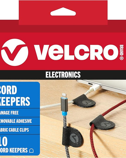 VELCRO Brand Cord Keepers | Soft Nylon Cable Clips Organize Wires in Home, Office, Desk or Nightstand | Removable Adhesive Back Holds Secure, Removes Clean | 10pk, Black