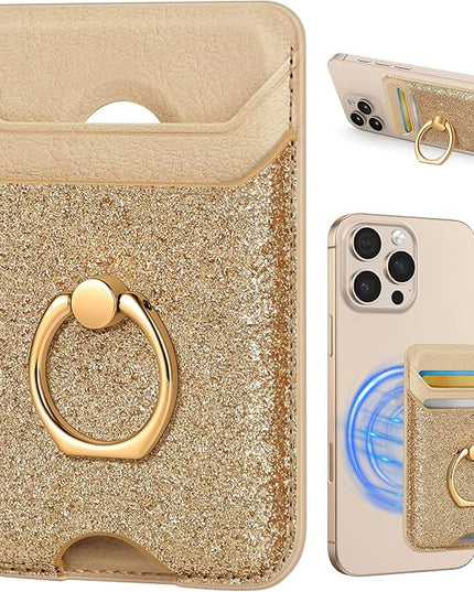 Shorogyt Compatible with Magsafe Wallet Magnetic Card Holder - Phone Wallets with Ring Grip Stand Cute Fashion for iPhone 17/16/15/14/13/12 Series for Women Girls Glitter Gold Design, Fit 3 Cards