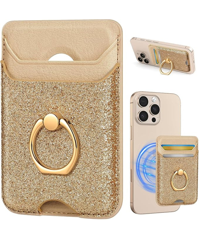 Shorogyt Compatible with Magsafe Wallet Magnetic Card Holder - Phone Wallets with Ring Grip Stand Cute Fashion for iPhone 17/16/15/14/13/12 Series for Women Girls Glitter Gold Design, Fit 3 Cards