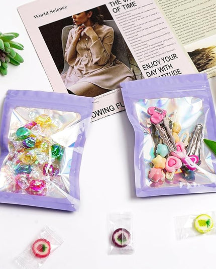 Funfery 300 Pack Smell Proof Resealable Bags for Food Storage,Holographic Bags 4x6 Purple Mylar Clear Packaging Bag- Scent Proof for Cookies, Zip Foil Pouch for Small Business