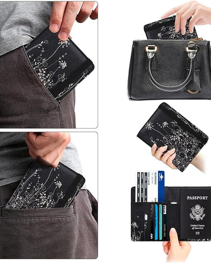 WALNEW Passport Holder for Travel, RFID Passport Cover Wallet for Women Men, PU Leather Passport Book Card Holder Case with Pen (Elastic Band Closure, D-Black Flowers)