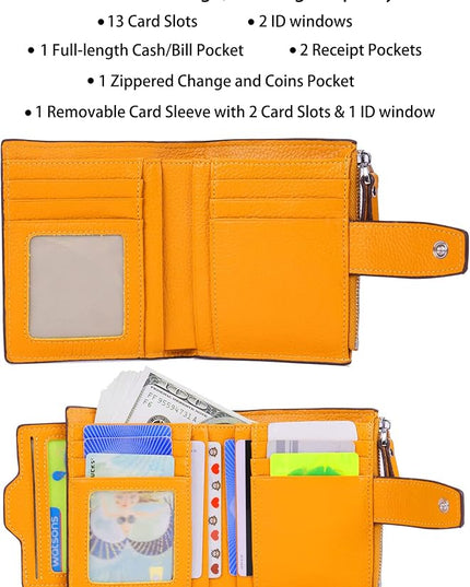 AINIMOER Women's RFID Blocking Leather Small Compact Bi-fold Zipper Pocket Wallet Card Case Purse with id Window