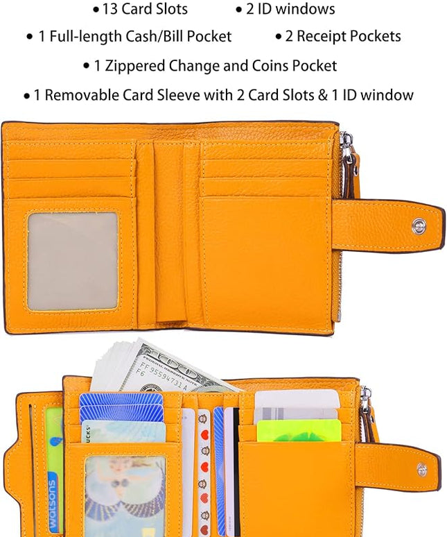 AINIMOER Women's RFID Blocking Leather Small Compact Bi-fold Zipper Pocket Wallet Card Case Purse with id Window