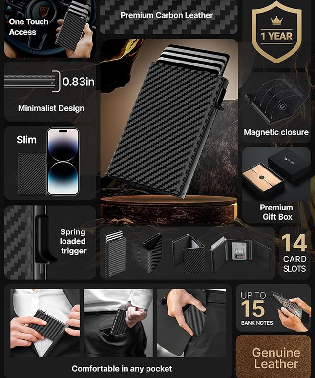 typecase Mens Wallet Card Holder: Pop Up Aluminum Case, Genuine Leather, Smart, RFID Blocking, Slim, Minimalist, Front Pocket - 9-14 Card Capacity | ID Window | Cash Slot (Carbon Fiber)