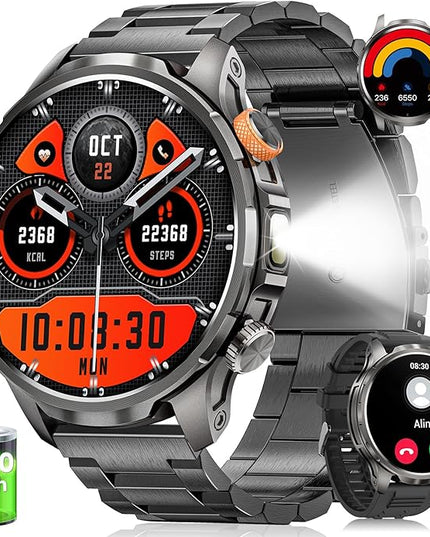 Smart Watches for Men, Military Smart Watch with 100 Days Battery/Flashlight/Heart Rate/Sleep/SpO2 Monitor/Call/110+ Sports Mode, 5 ATM Rugged Men's Fitness Tracker Watch for Android iPhone Compatible
