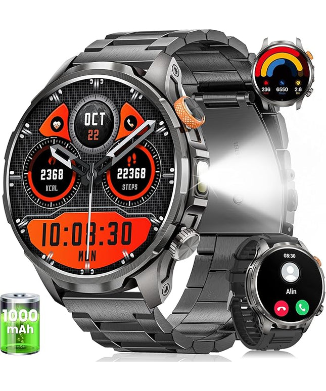 Smart Watches for Men, Military Smart Watch with 100 Days Battery/Flashlight/Heart Rate/Sleep/SpO2 Monitor/Call/110+ Sports Mode, 5 ATM Rugged Men's Fitness Tracker Watch for Android iPhone Compatible