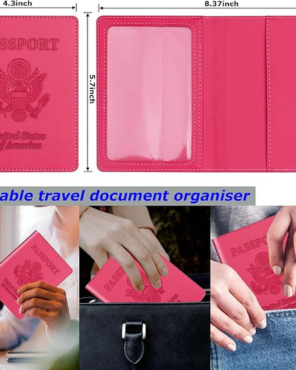 Passport Holder 2Pcs, Passport Cover Wallet Case for Women Men Family, Passports Book Holders Travel Must Haves Cruise Ship Essentials (Black & Rose Red)