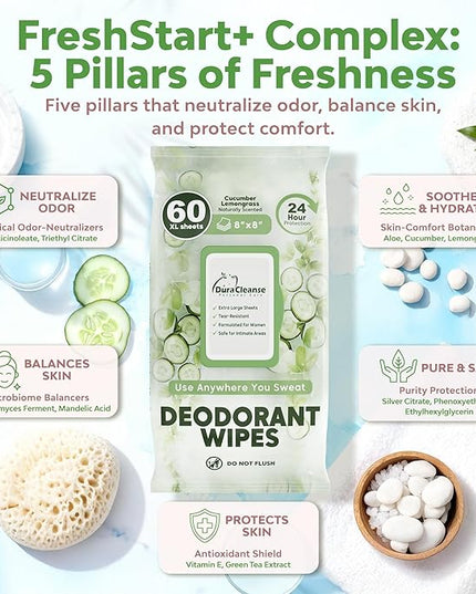 Deodorant Wipes for Women - Freshening Body Towelettes for Post-Workout, Travel, and Daily Deodorizing - On-the-Go Fresh Scent Cleansing Wipes, 120 Count (2 Pack)