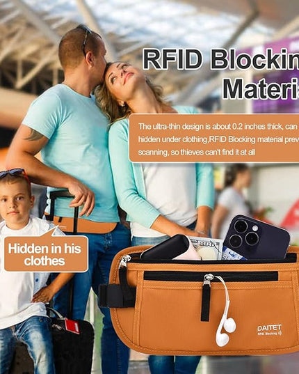 RFID Blocking Money Belt for Men Women, Slim Fanny Pack for Travel，Running,Conceal Waist Wallet for Passport Holder,Phone,Cash(Brown Orange)
