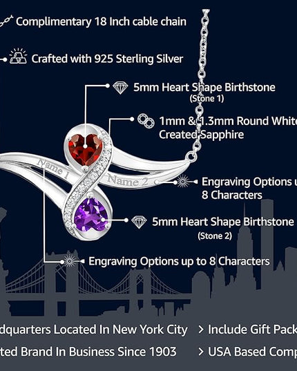 Gem Stone King 925 Sterling Silver Customized and Personalized Engraved Gemstone Birthstone 2 Heart Shape Pendant Necklace Promise Love Jewelry For Women with 18 Inch Silver Chain