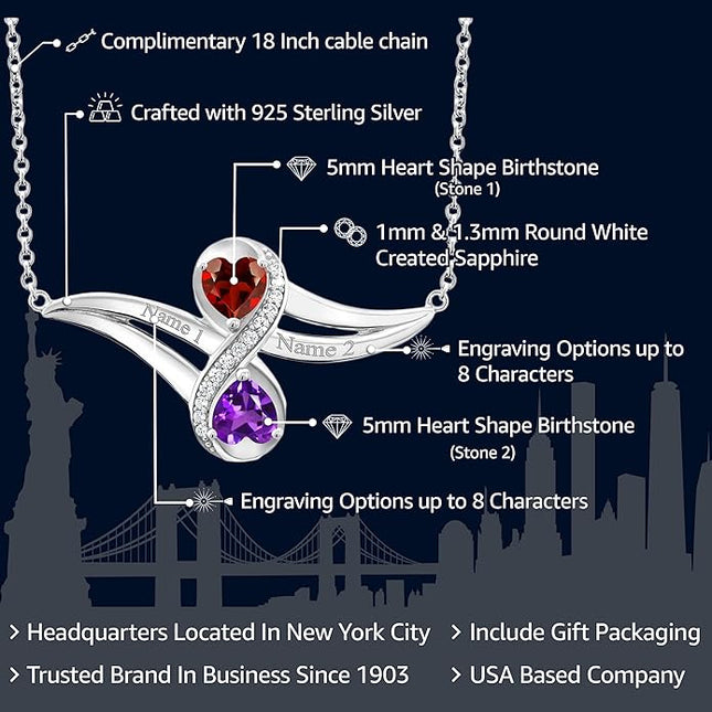 Gem Stone King 925 Sterling Silver Customized and Personalized Engraved Gemstone Birthstone 2 Heart Shape Pendant Necklace Promise Love Jewelry For Women with 18 Inch Silver Chain