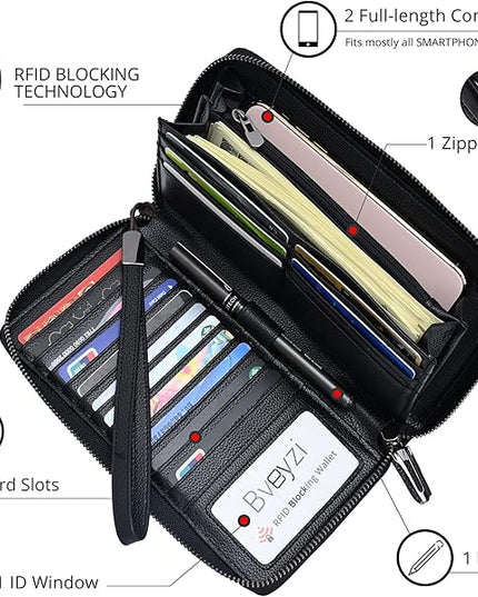 Bveyzi Women RFID Blocking Wallet Leather Zip Around Phone Clutch Large Capacity Ladies Travel Purse Wristlet | RFID Blocking, Zip Around, Large Capacity
